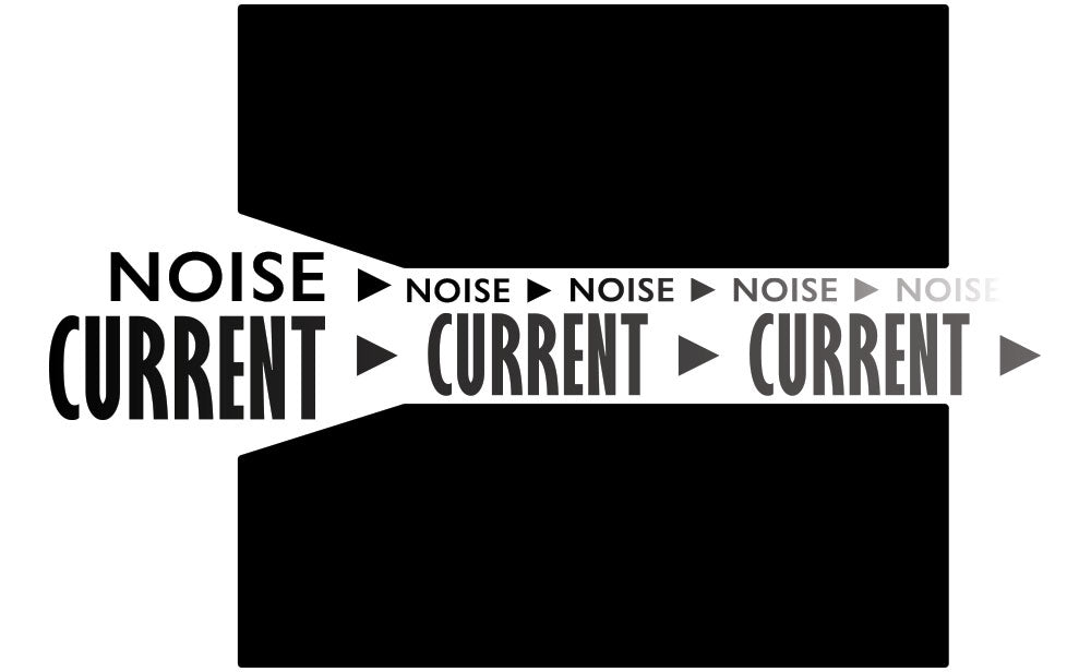 A black and white image with the words noise and current.