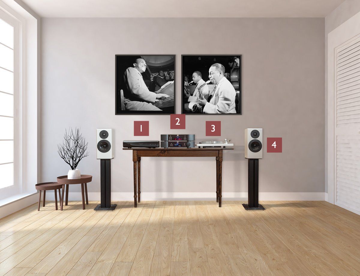 A room with two speakers and a picture of a man and a woman.