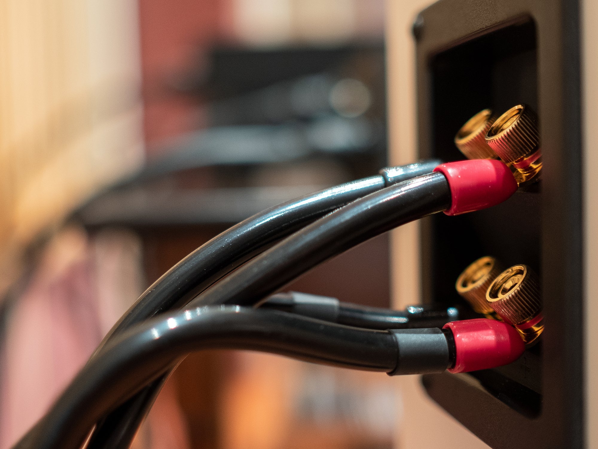 A pair of red and black wires connected to a speaker.