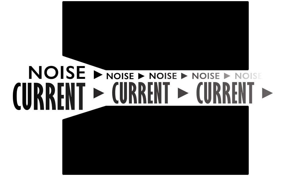 A black and white image with the words noise and current.