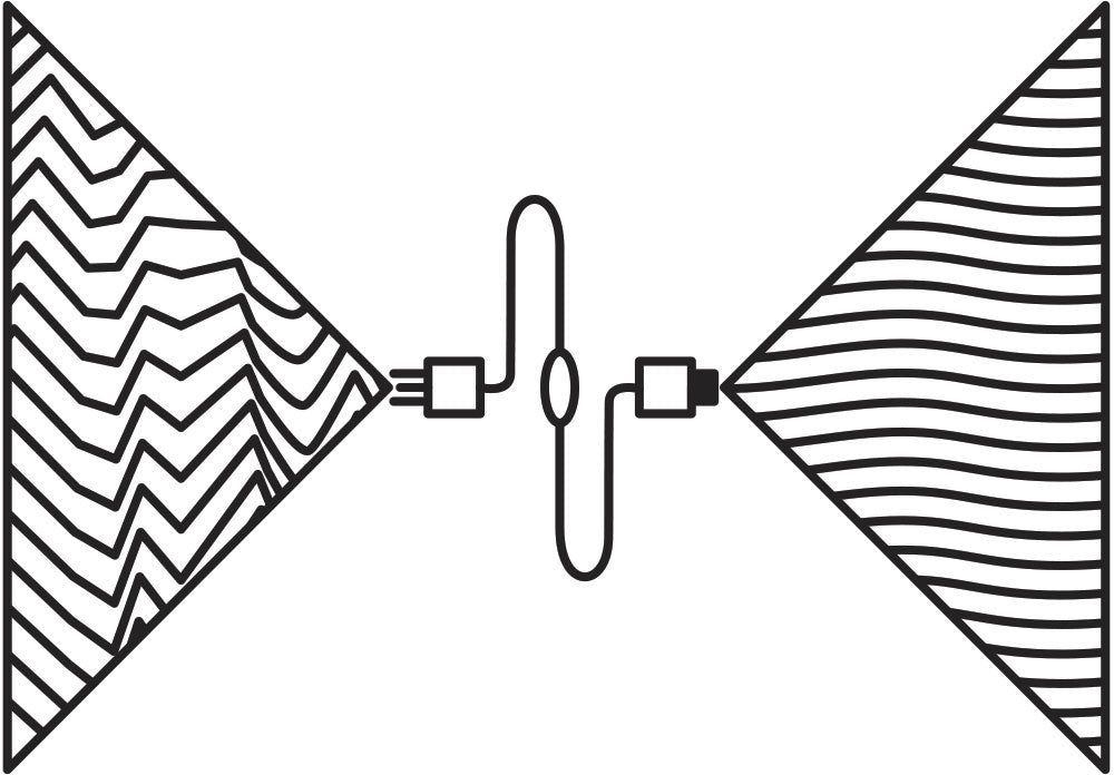 A black and white drawing of a wave and a triangle.
