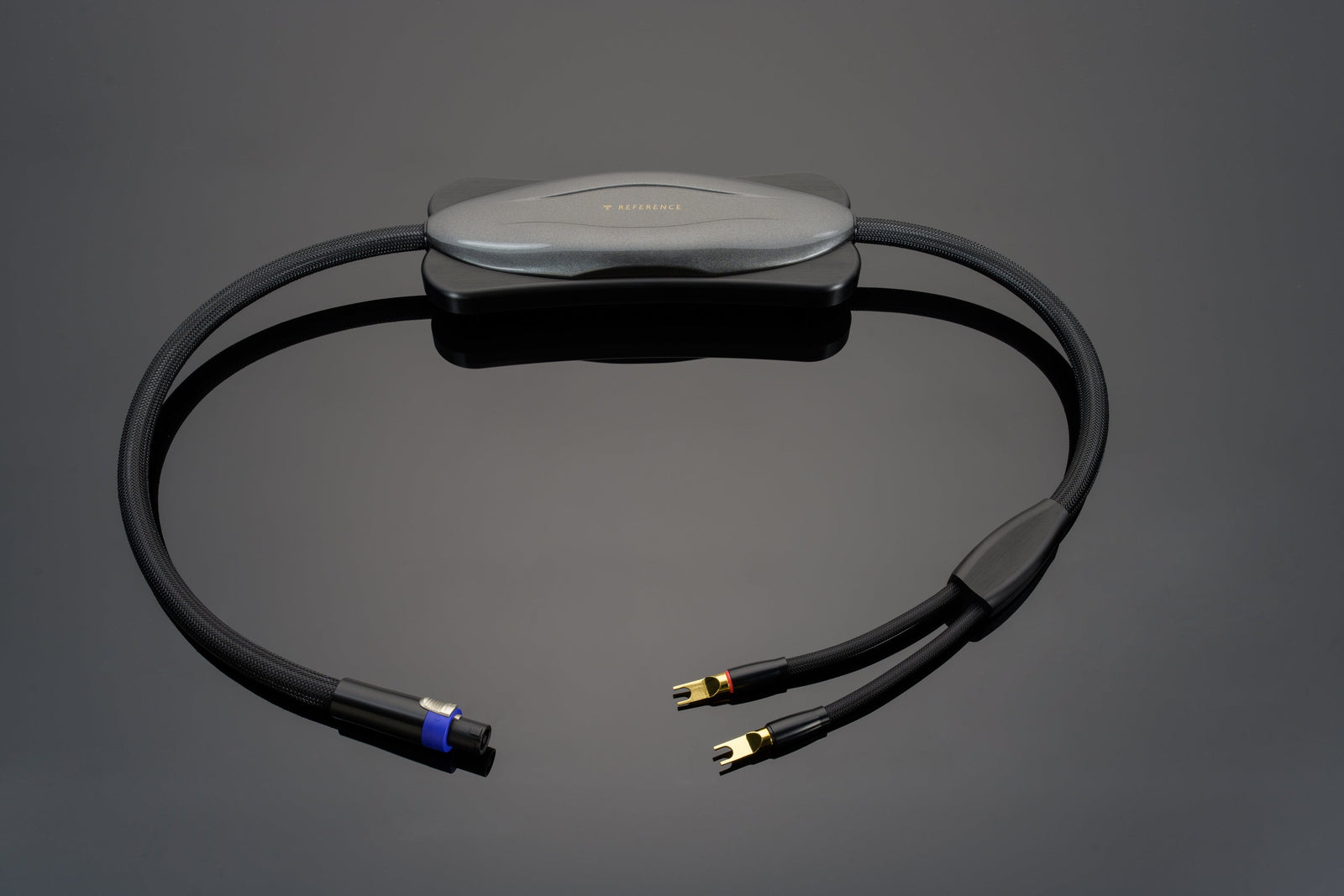 Image of a black speaker cable with gold-plated connectors and a bulky, oblong component in the middle, displayed on a reflective dark surface. The Transparent Audio Brick Reference custom calibrates sound for optimal performance.