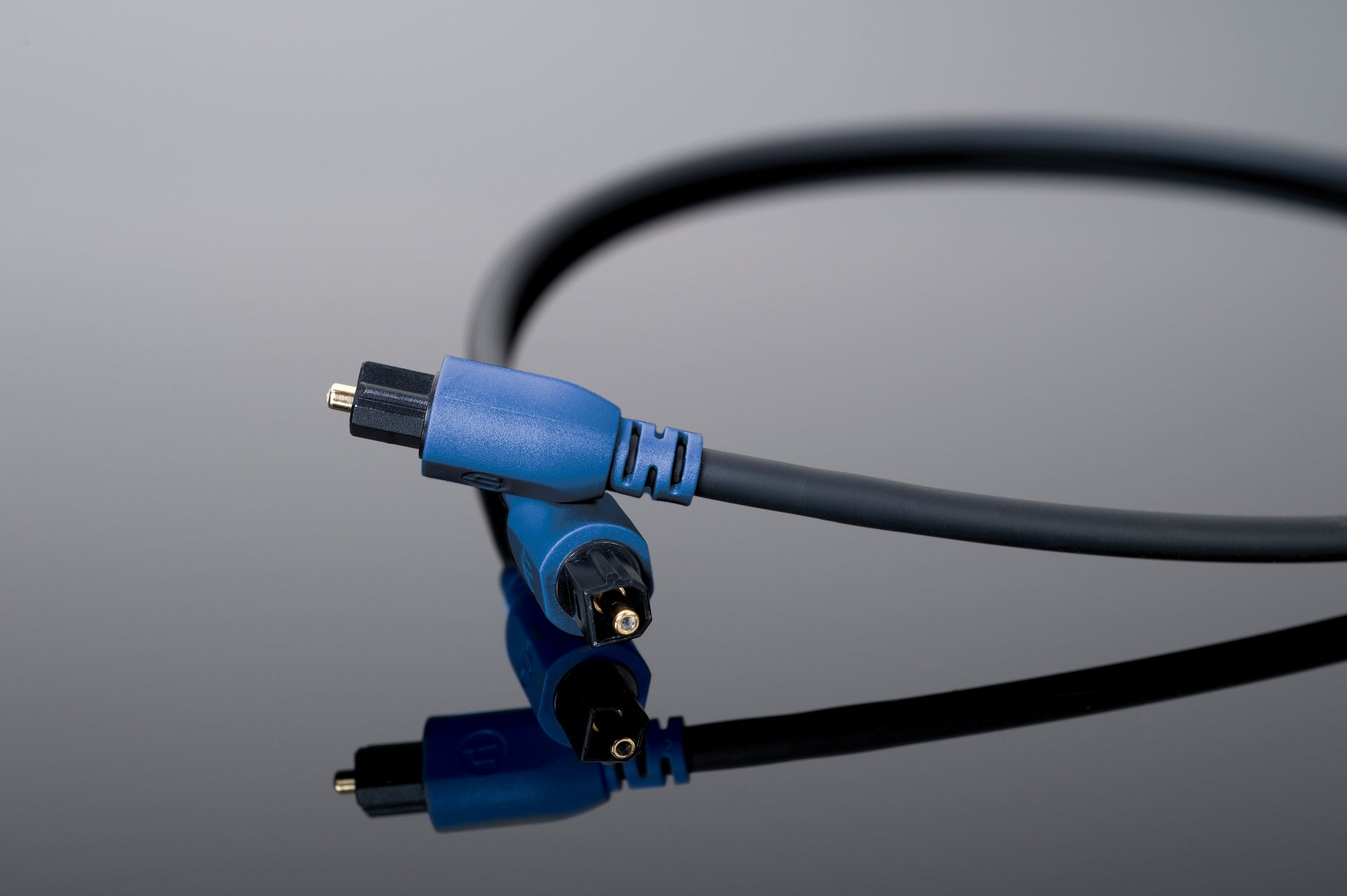 The Transparent Audio Hardwired TOSLink, featuring blue connectors, is coiled on a reflective black surface, providing a seamless optical solution.