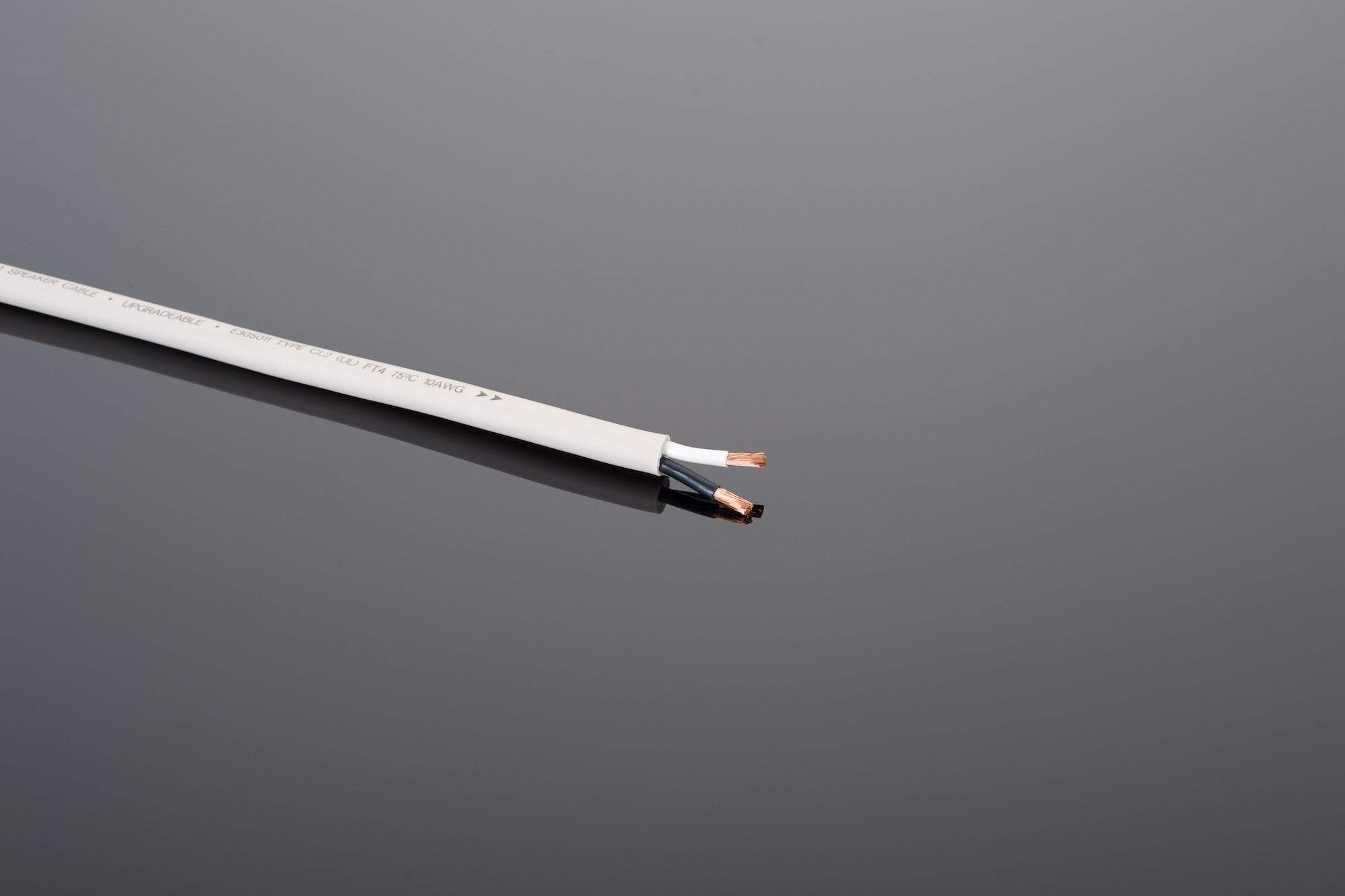A piece of white electrical wire, resembling the Transparent Audio High Performance 10-2 Speaker Cable, has its outer insulation stripped back to reveal two exposed copper wires against a gray background.