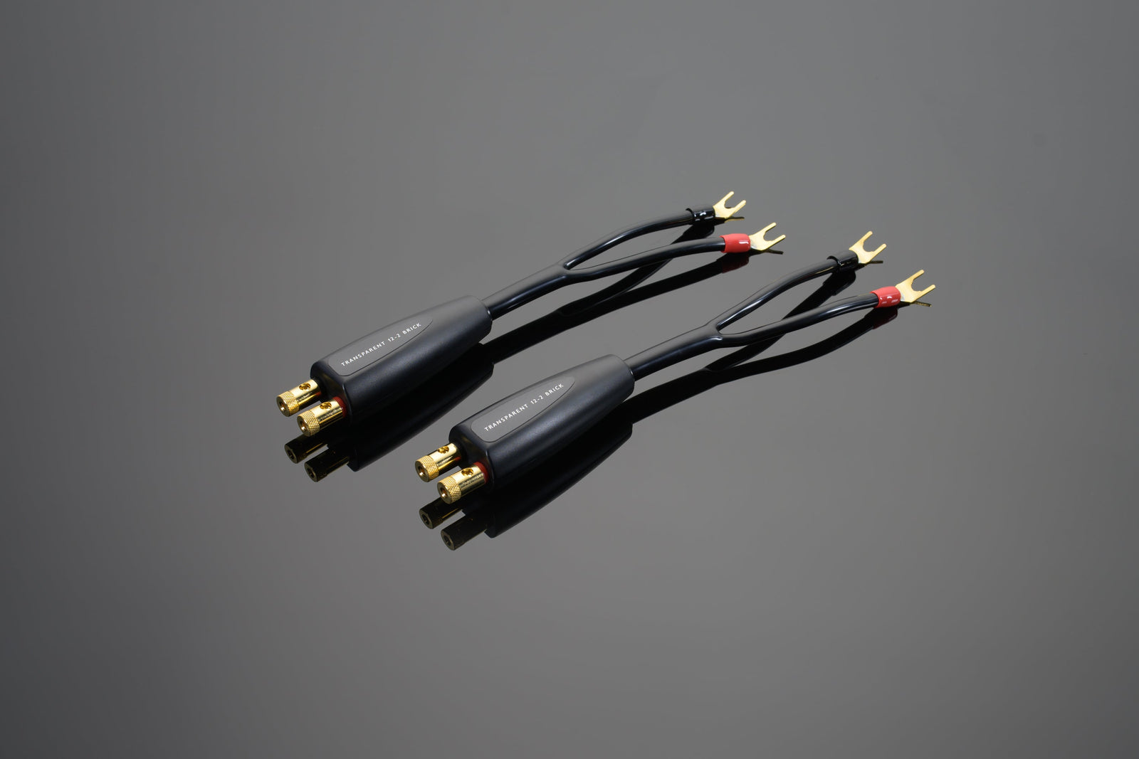 Two high-end audio components, the High Performance 12-2 Brick Network and 12-2 Brick Biwire Network speaker cables by Transparent Audio, with gold-plated connectors, are arranged parallel to each other on a reflective surface.