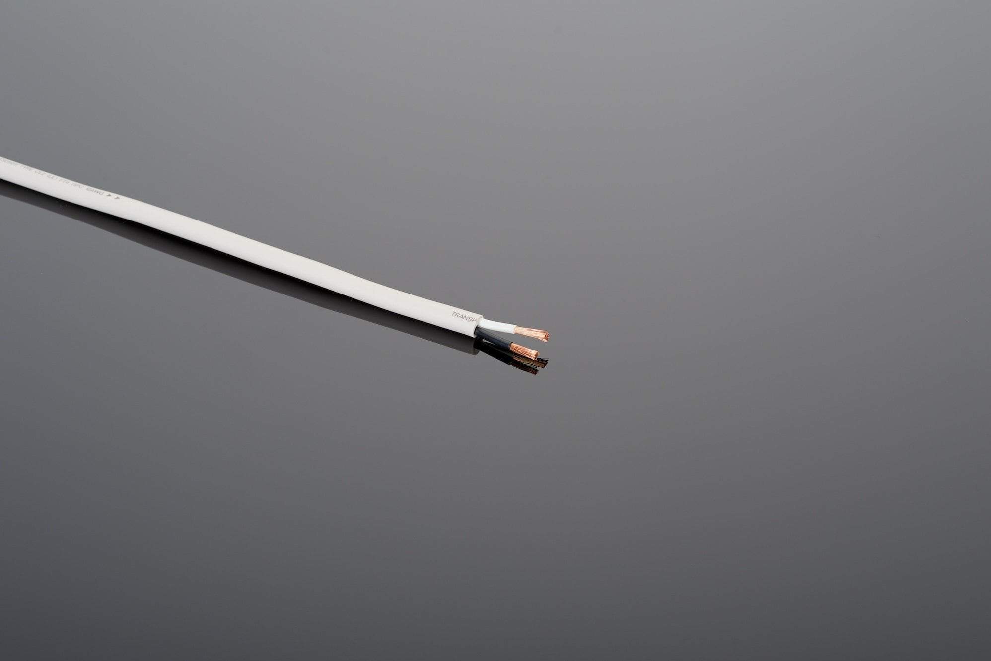 Close-up of Transparent Audio's High Performance 12-2 Speaker Cable, featuring two exposed copper conductors against a gray background.