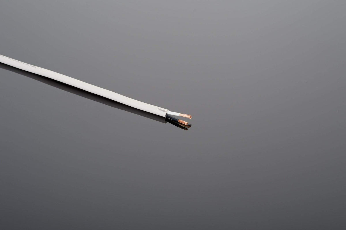 Close-up of Transparent Audio&#39;s High Performance 12-2 Speaker Cable, featuring two exposed copper conductors against a gray background.