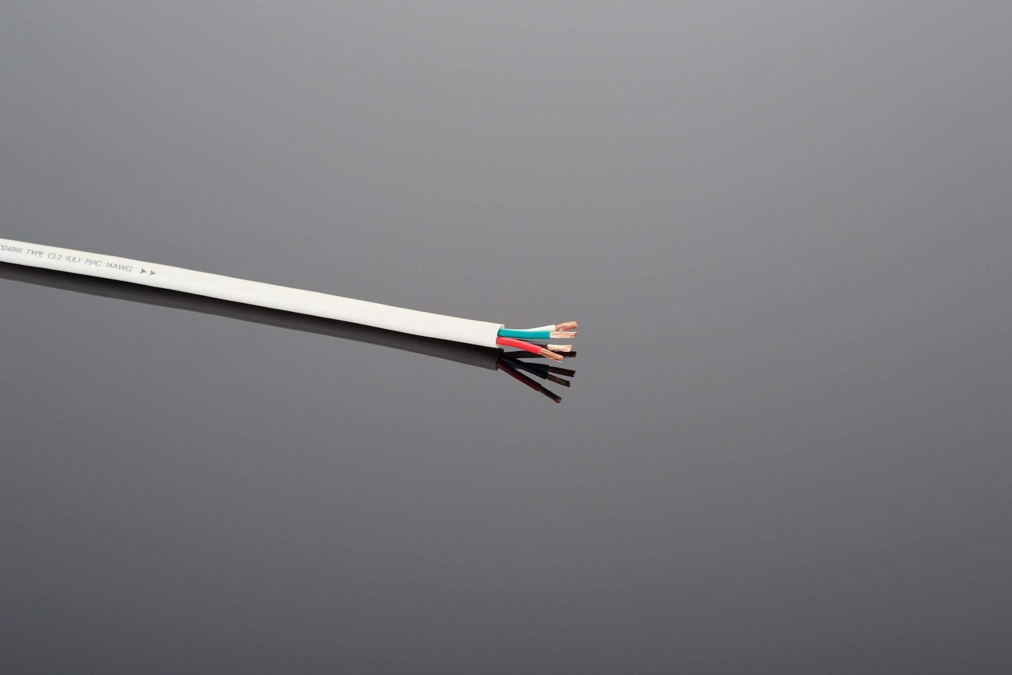 A white multi-core electrical cable with several exposed copper wires of different colors (blue, green, red, and brown) on a gray background. Ideal for home theater system installations, the Transparent Audio High Performance 14-4 Speaker Cable ensures optimal connectivity and high performance in every setup.