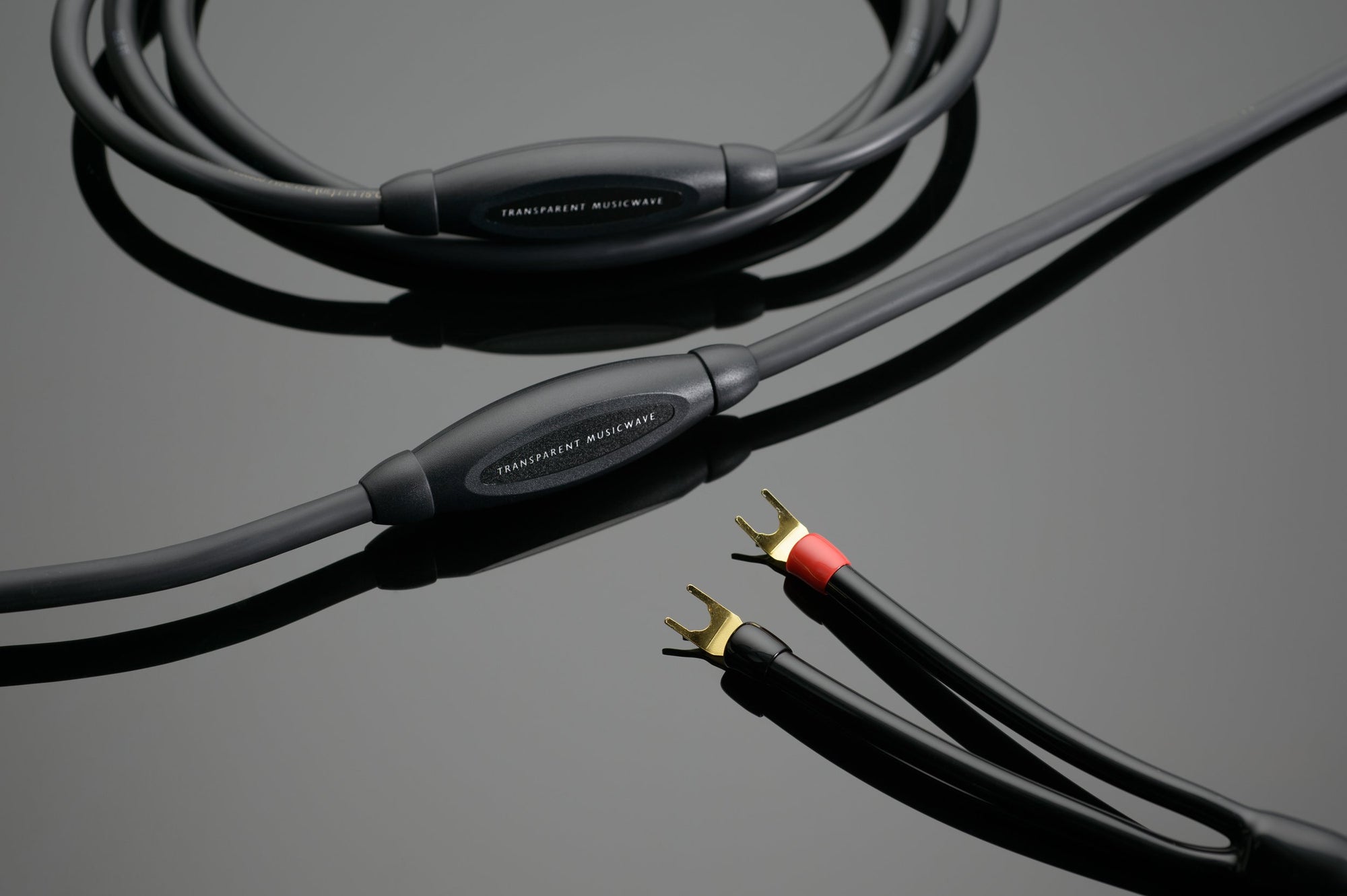 Close-up of Transparent Audio MusicWave Speaker Cable with gold-plated spade connectors on a reflective black surface. The biwire speaker connections and cylindrical segments labeled "Transparent MusicWave" ensure clean, dynamic sound.