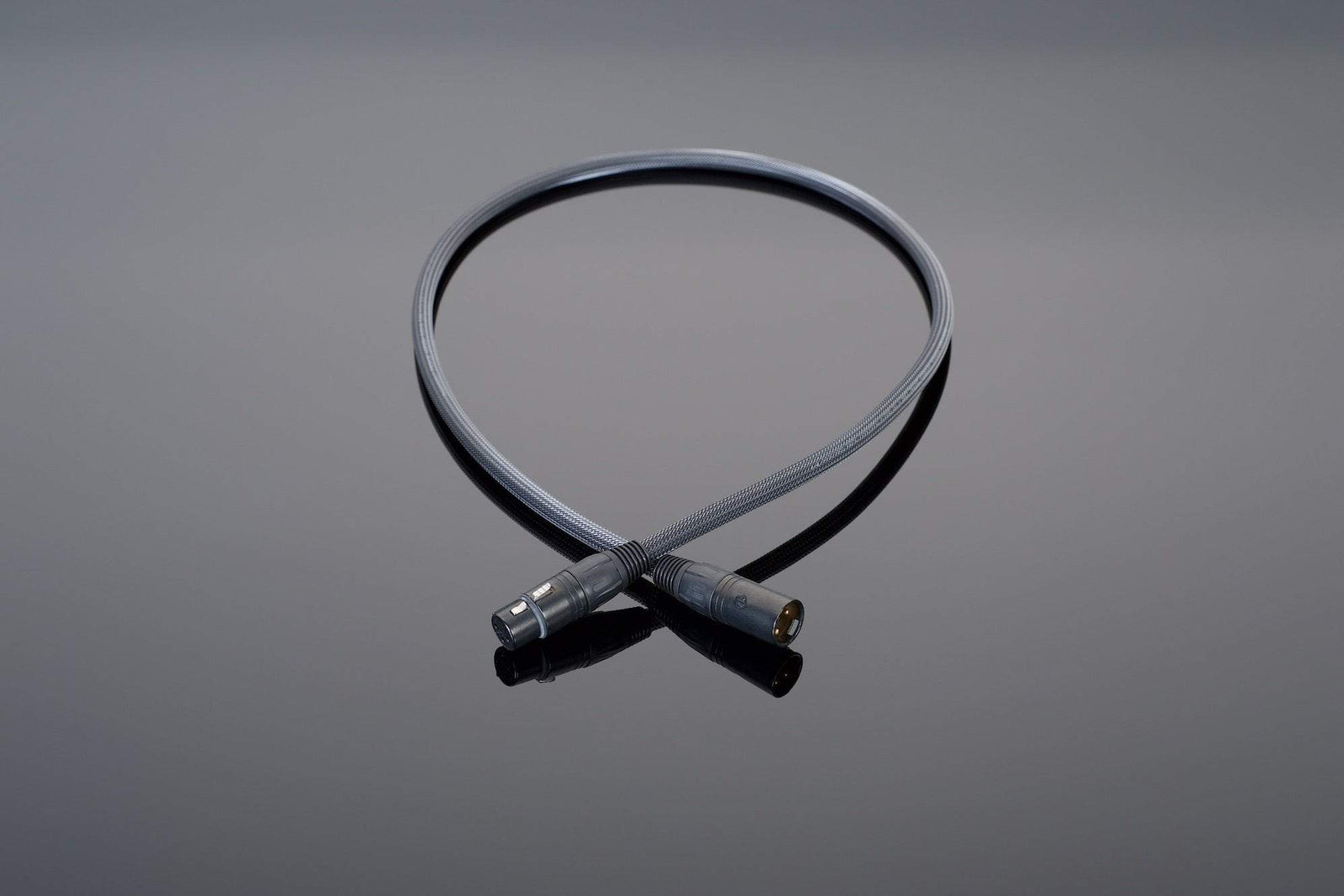 A Premium 110-Ohm AES/EBU Digital Link by Transparent Audio, featuring coiled gray XLR male and female connectors on a reflective surface, is perfect for an upgraded premium music or film system.