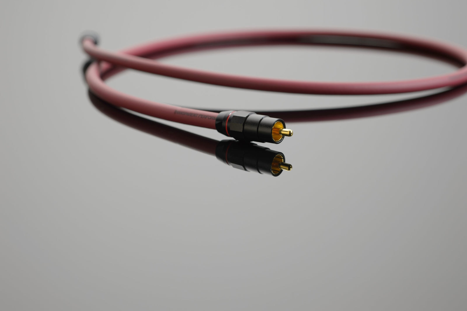 A coiled Performance 75-Ohm Digital Link by Transparent Audio, featuring an upgraded basic red design with gold connectors, lies against a reflective gray surface, offering dependable connectivity.