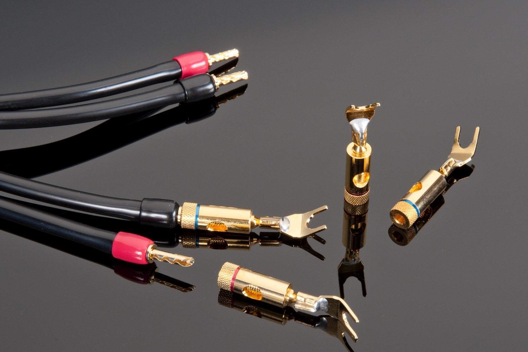Close-up of Transparent Audio's Transparent Banana to Spade Adapter featuring gold connectors with red and black ends, displayed on a reflective black surface.