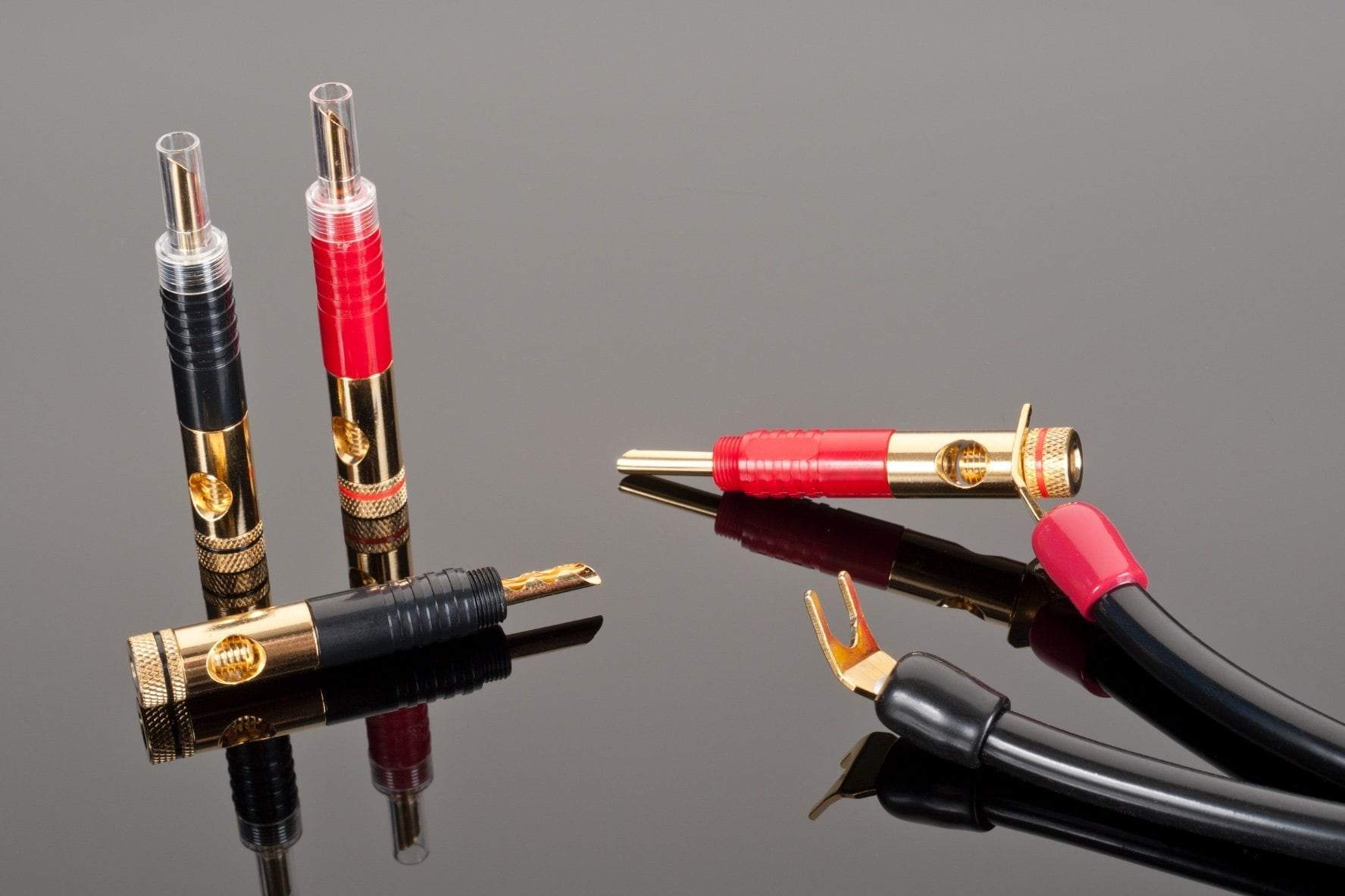 Four speaker cables with gold-plated connectors are displayed. Two of these cables are equipped with banana plugs in black and red sleeves, while the other two feature Transparent Audio's Transparent Spade to BFA Adapter on black and red cables, all resting on a reflective surface. These premium speaker cables ensure optimal audio performance with their top-quality BFA connections.