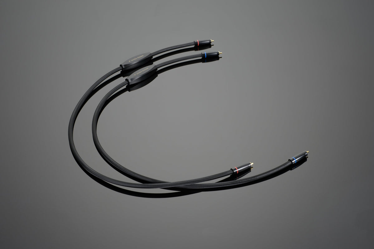 A pair of Transparent Audio ULTRA Phono Interconnect cables with red and blue connectors on a gray background, perfect for phonograph set-up.